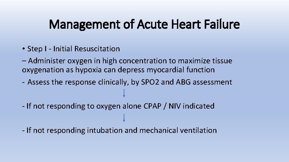 Management of Acute Heart Failure • Step I - Initial Resuscitation – Administer oxygen