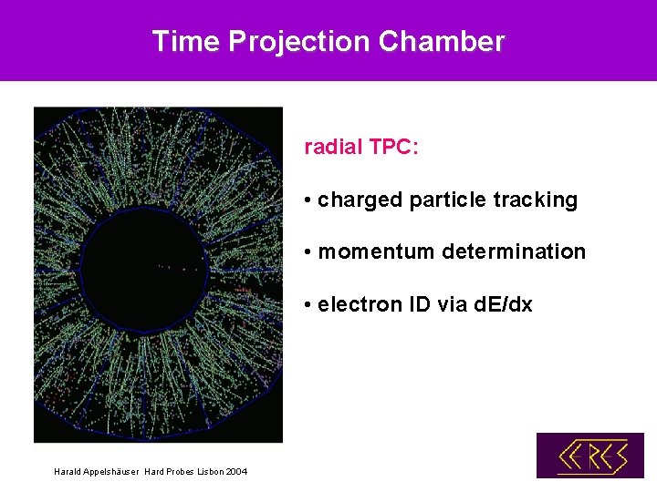 Time Projection Chamber radial TPC: • charged particle tracking • momentum determination • electron