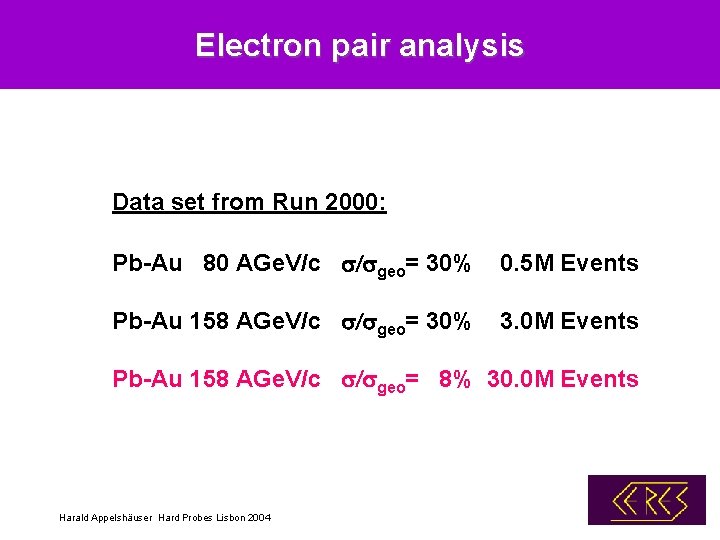 Electron pair analysis Data set from Run 2000: Pb-Au 80 AGe. V/c s/sgeo= 30%