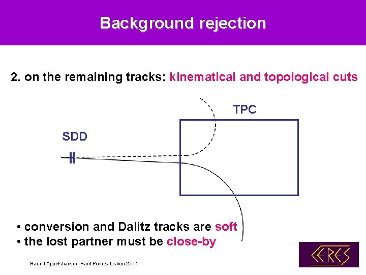 Background rejection 2. on the remaining tracks: kinematical and topological cuts TPC SDD •
