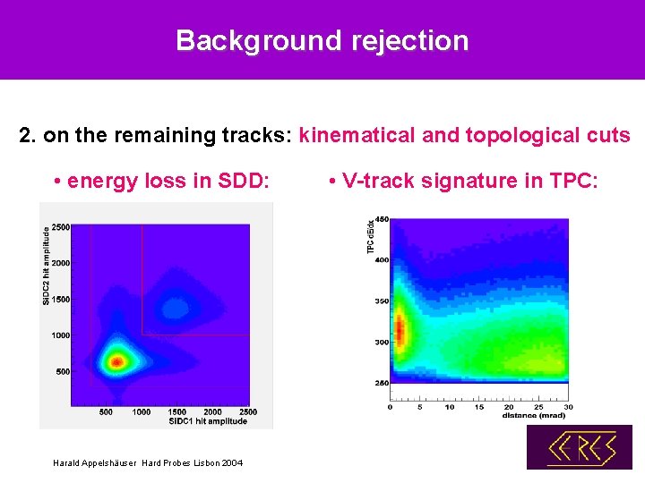 Background rejection 2. on the remaining tracks: kinematical and topological cuts • energy loss