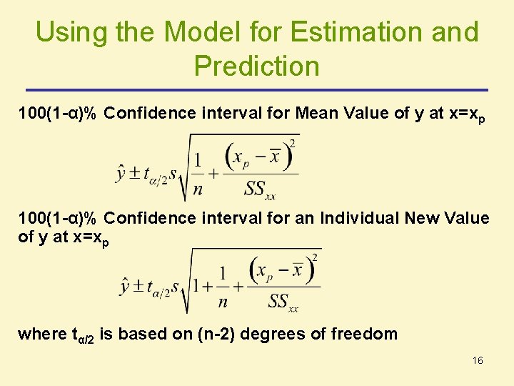 Using the Model for Estimation and Prediction 100(1 -α)% Confidence interval for Mean Value Using the Model for Estimation and Prediction 100(1 -α)% Confidence interval for Mean Value