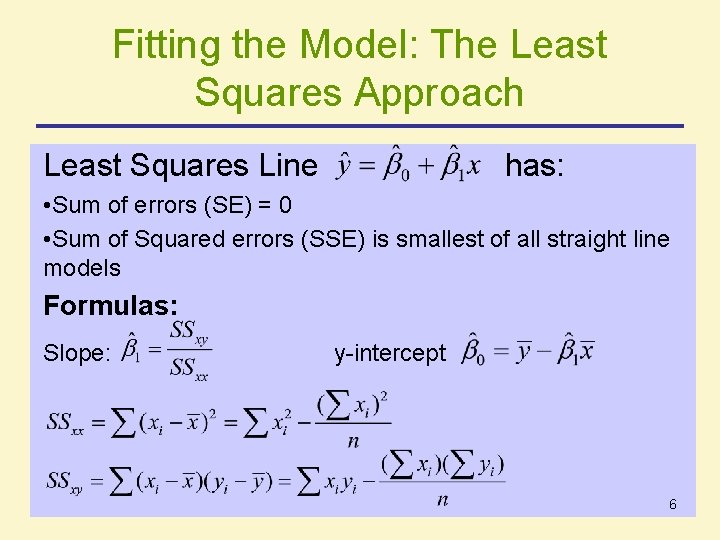 Fitting the Model: The Least Squares Approach Least Squares Line has: • Sum of Fitting the Model: The Least Squares Approach Least Squares Line has: • Sum of