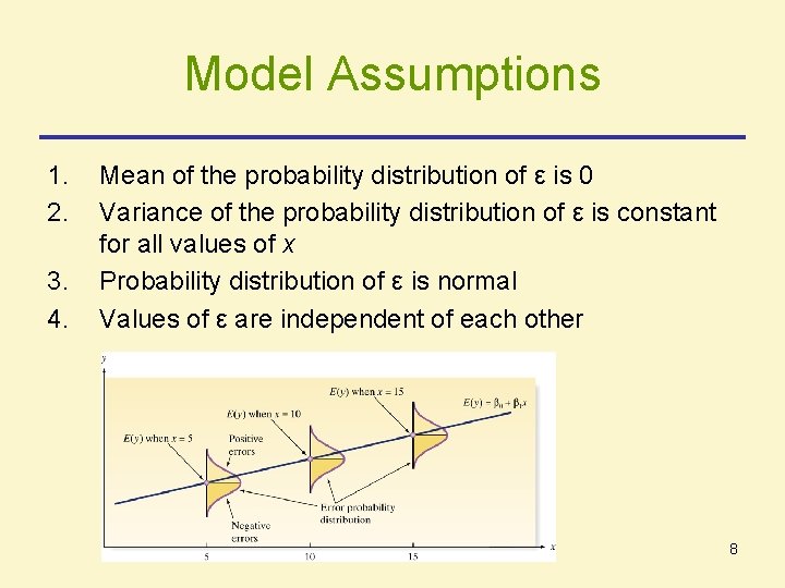 Model Assumptions 1. 2. 3. 4. Mean of the probability distribution of ε is Model Assumptions 1. 2. 3. 4. Mean of the probability distribution of ε is