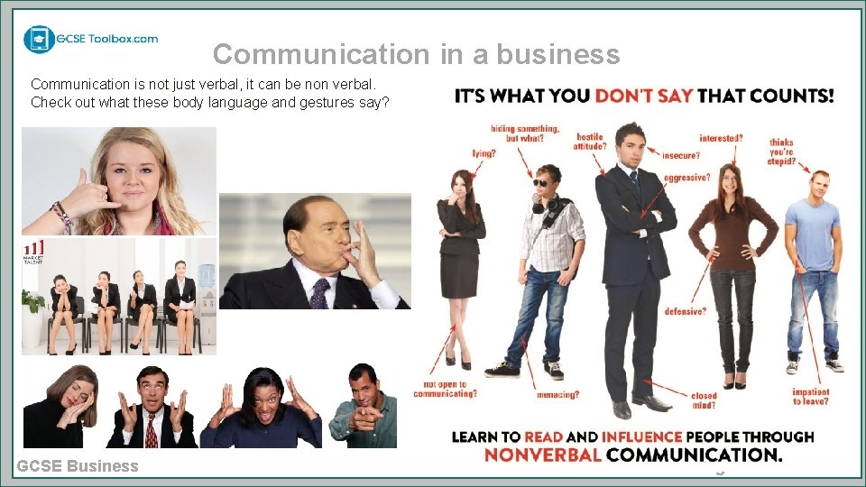 Communication in a business Communication is not just verbal, it can be non verbal.