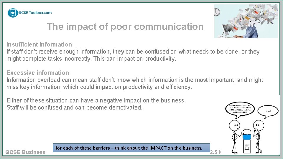 The impact of poor communication Insufficient information If staff don’t receive enough information, they