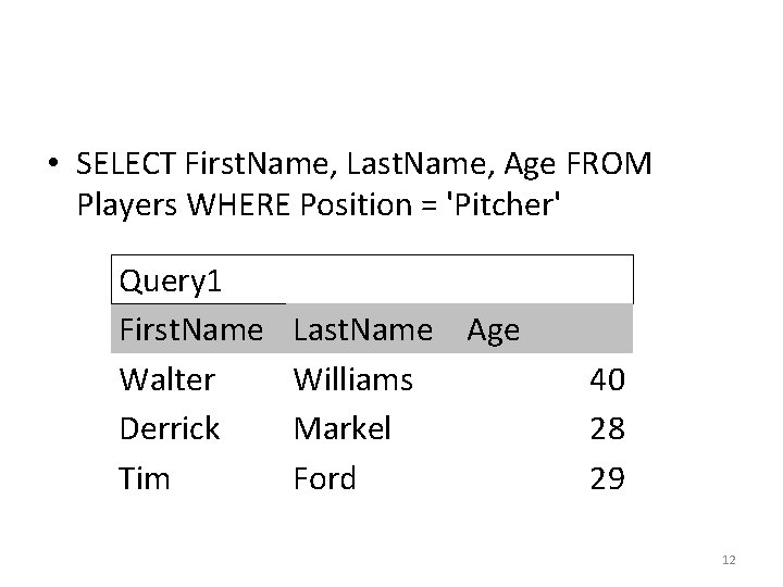 • SELECT First. Name, Last. Name, Age FROM Players WHERE Position = 'Pitcher' • SELECT First. Name, Last. Name, Age FROM Players WHERE Position = 'Pitcher'