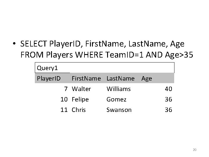 • SELECT Player. ID, First. Name, Last. Name, Age FROM Players WHERE Team. • SELECT Player. ID, First. Name, Last. Name, Age FROM Players WHERE Team.