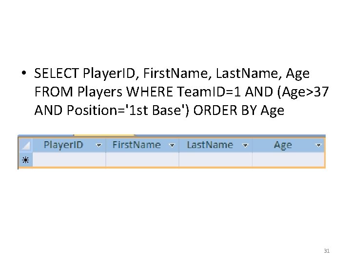 • SELECT Player. ID, First. Name, Last. Name, Age FROM Players WHERE Team. • SELECT Player. ID, First. Name, Last. Name, Age FROM Players WHERE Team.