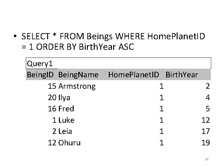 • SELECT * FROM Beings WHERE Home. Planet. ID = 1 ORDER BY • SELECT * FROM Beings WHERE Home. Planet. ID = 1 ORDER BY