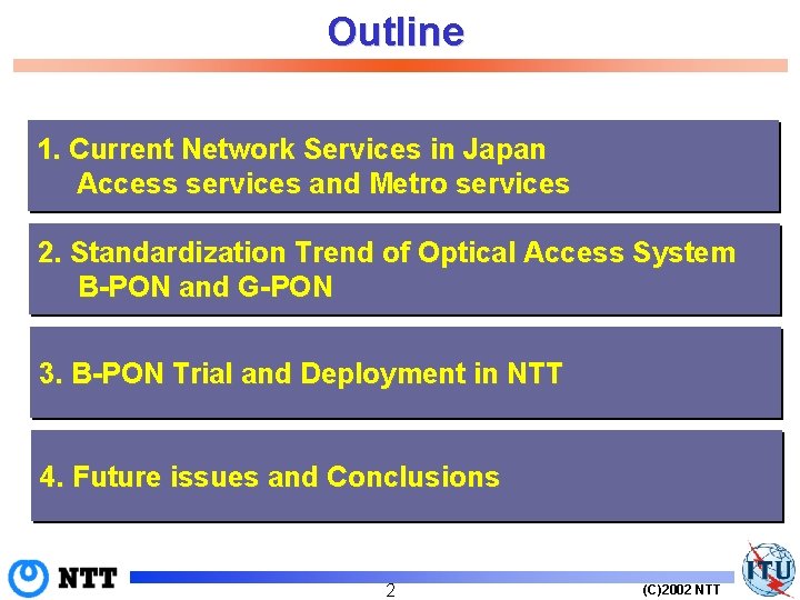 Outline 1. Current Network Services in Japan Access services and Metro services 2. Standardization
