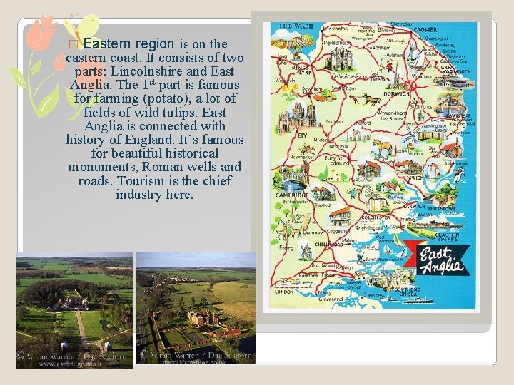 � Eastern region is on the eastern coast. It consists of two parts: Lincolnshire