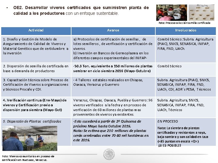 • OE 2. Desarrollar viveros certificados que suministren planta de calidad a los • OE 2. Desarrollar viveros certificados que suministren planta de calidad a los