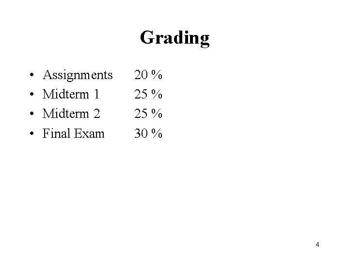 Grading • • Assignments Midterm 1 Midterm 2 Final Exam 20 % 25 %