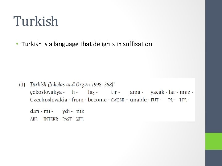 Turkish • Turkish is a language that delights in suffixation 