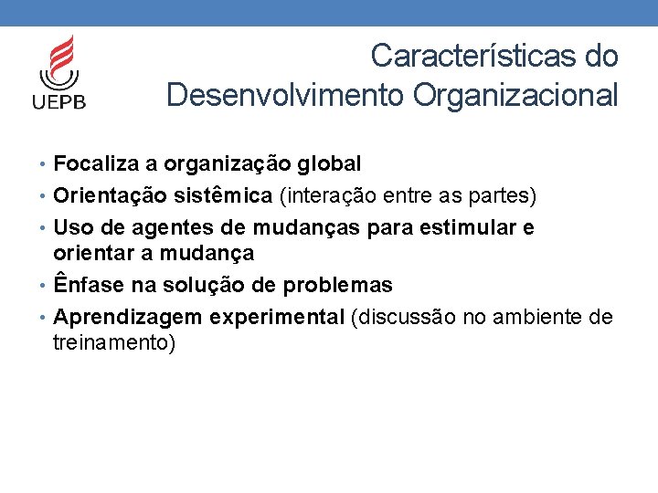 Características do Desenvolvimento Organizacional • Focaliza a organização global • Orientação sistêmica (interação entre