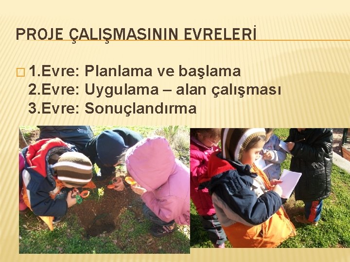 PROJE ÇALIŞMASININ EVRELERİ � 1. Evre: Planlama ve başlama 2. Evre: Uygulama – alan