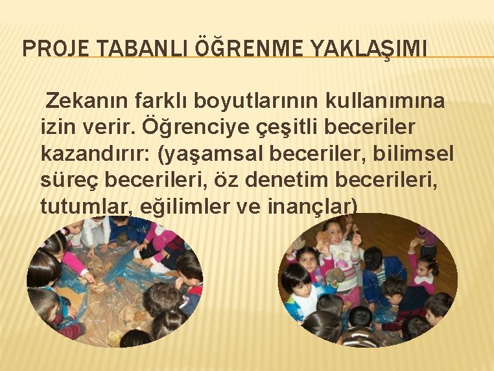 PROJE TABANLI ÖĞRENME YAKLAŞIMI Zekanın farklı boyutlarının kullanımına izin verir. Öğrenciye çeşitli beceriler kazandırır: