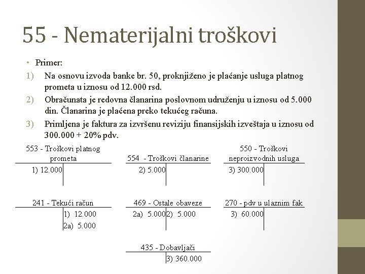 55 - Nematerijalni troškovi • Primer: 1) Na osnovu izvoda banke br. 50, proknjiženo