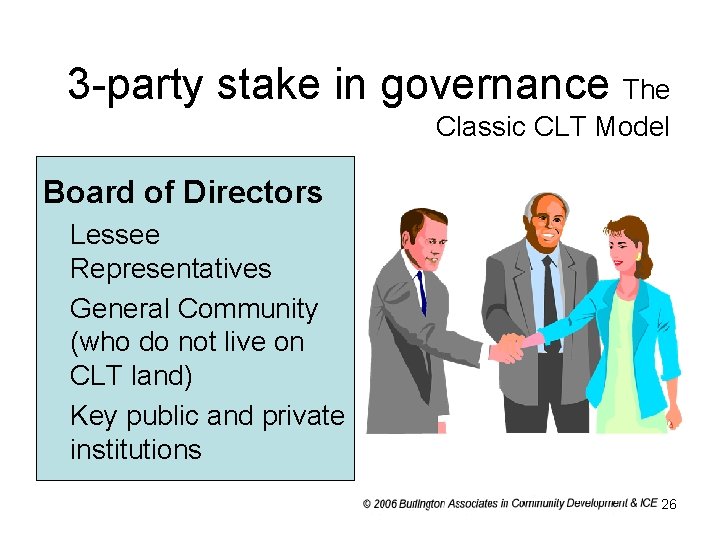 3 -party stake in governance The Classic CLT Model Board of Directors • Lessee