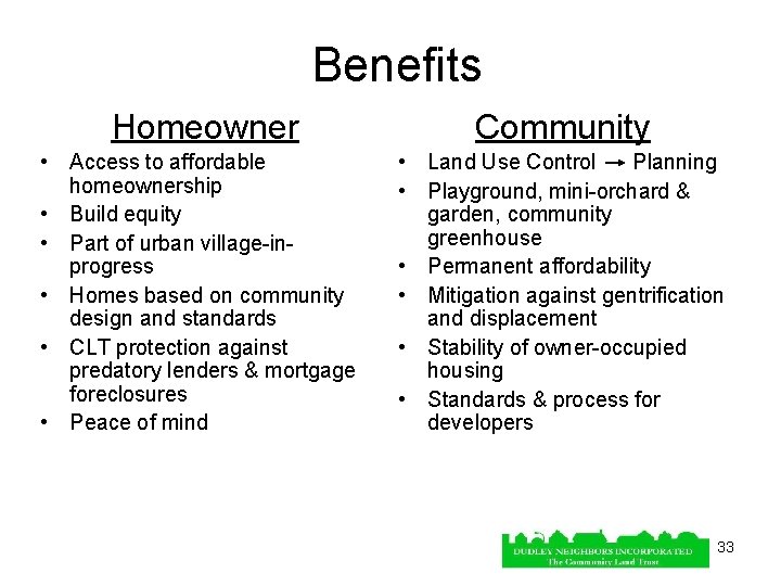 Benefits Homeowner Community • Access to affordable homeownership • Build equity • Part of