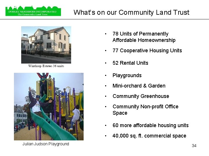 What’s on our Community Land Trust Julian Judson Playground • 78 Units of Permanently