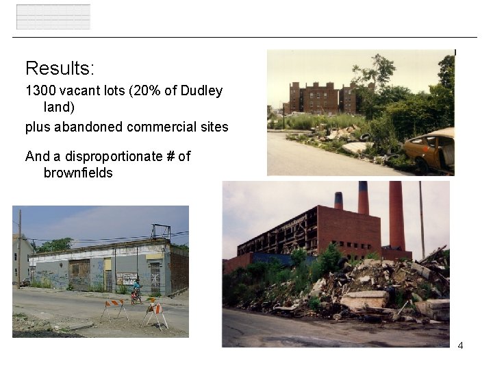 Results: 1300 vacant lots (20% of Dudley land) plus abandoned commercial sites And a