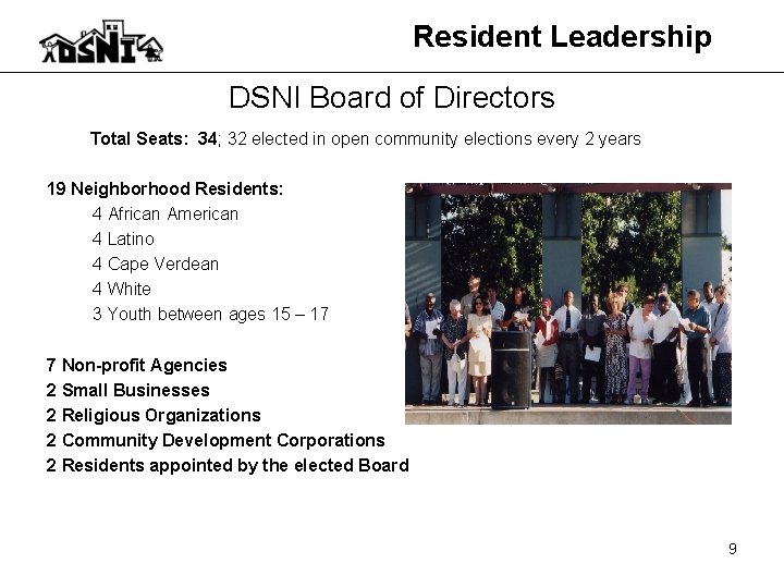 Resident Leadership DSNI Board of Directors Total Seats: 34; 32 elected in open community