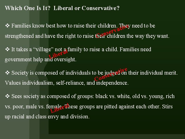 Which One Is It? Liberal or Conservative? v Families know best how to raise