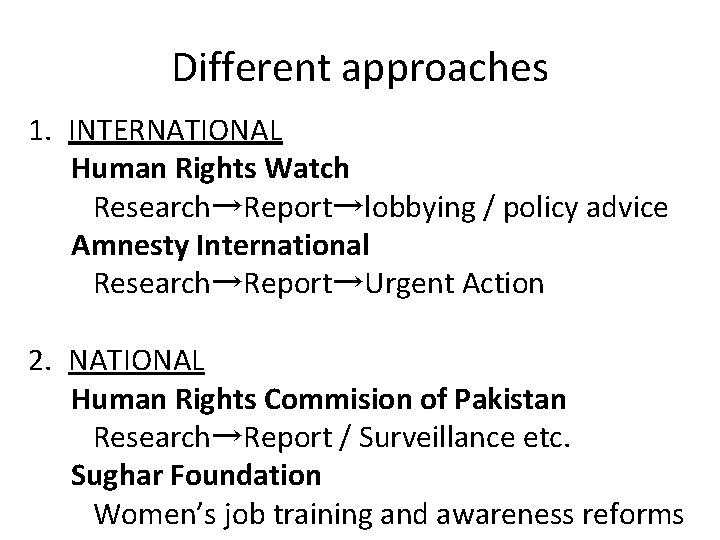 Different approaches 1. INTERNATIONAL Human Rights Watch Research→Report→lobbying / policy advice Amnesty International Research→Report→Urgent
