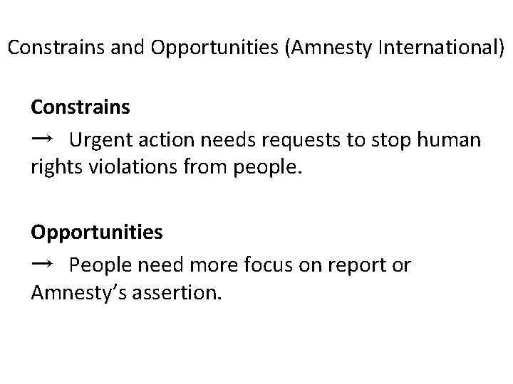 Constrains and Opportunities (Amnesty International) Constrains → Urgent action needs requests to stop human