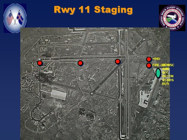 Rwy 11 Staging +BIO FIRE CH / OSC ODO AMB SEC DECON STAIRS BUS
