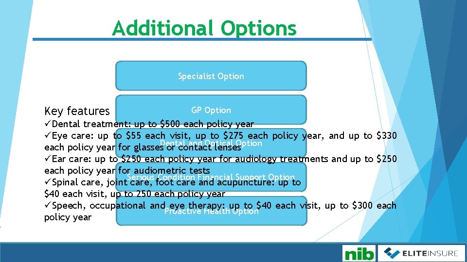 Additional Options Specialist Option Key features GP Option üDental treatment: up to $500 each