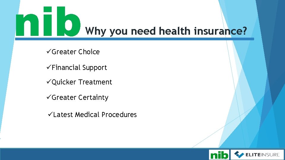 nib Why you need health insurance? üGreater Choice üFinancial Support üQuicker Treatment üGreater Certainty