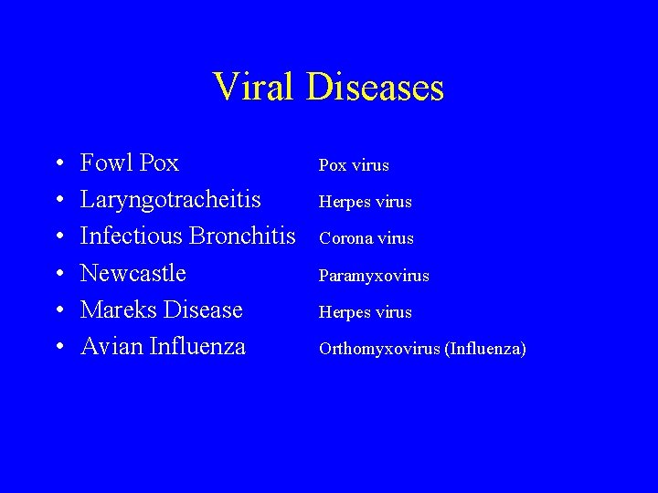 Viral Diseases • • • Fowl Pox Laryngotracheitis Infectious Bronchitis Newcastle Mareks Disease Avian