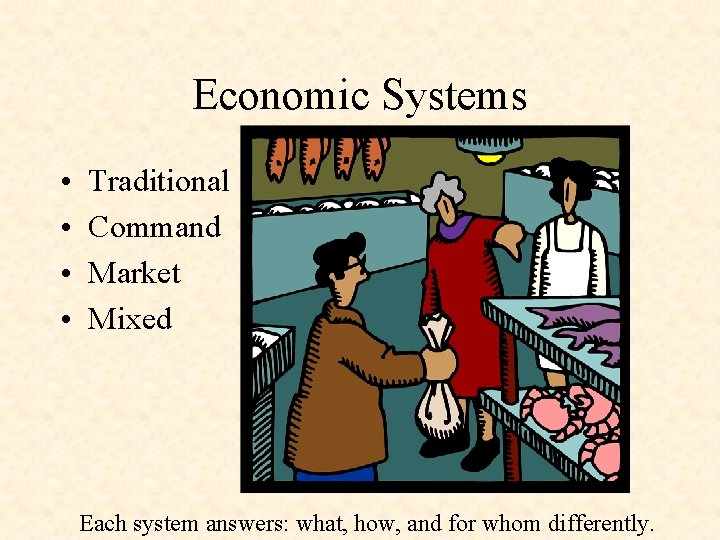 Economic Systems • • Traditional Command Market Mixed Each system answers: what, how, and