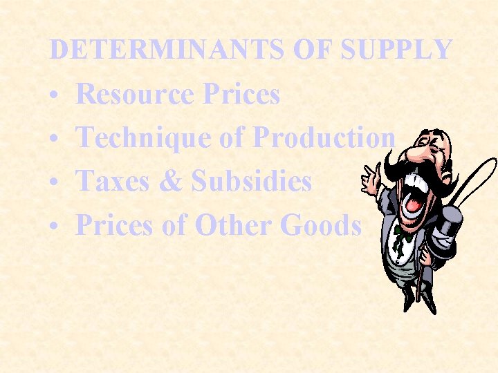 DETERMINANTS OF SUPPLY • • Resource Prices Technique of Production Taxes & Subsidies Prices