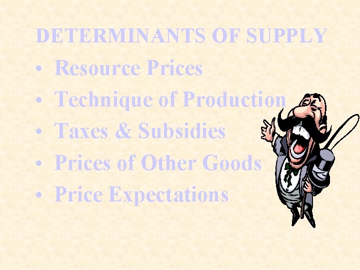 DETERMINANTS OF SUPPLY • • • Resource Prices Technique of Production Taxes & Subsidies