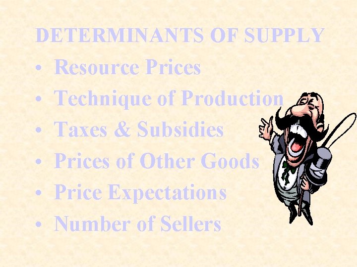 DETERMINANTS OF SUPPLY • • • Resource Prices Technique of Production Taxes & Subsidies