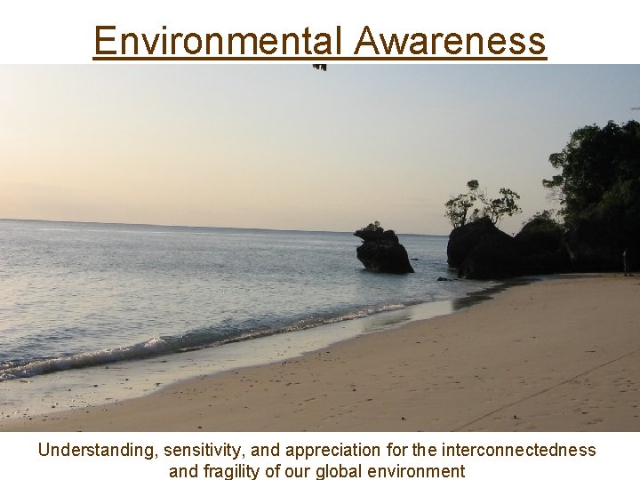 Environmental Awareness Understanding, sensitivity, and appreciation for the interconnectedness and fragility of our global Environmental Awareness Understanding, sensitivity, and appreciation for the interconnectedness and fragility of our global
