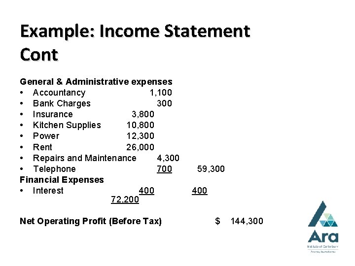 Example: Income Statement Cont General & Administrative expenses • Accountancy 1, 100 • Bank