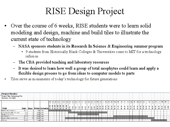 RISE Design Project • Over the course of 6 weeks, RISE students were to