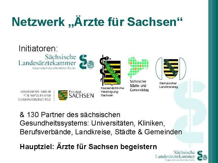 Netzwerk „Ärzte für Sachsen“ Initiatoren: Kassenärztliche Vereinigung Sachsen Sächsischer Landkreistag & 130 Partner des