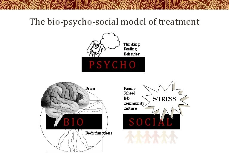 The bio-psycho-social model of treatment Thinking Feeling Behavior PSYCHO Brain BIO Family School Job