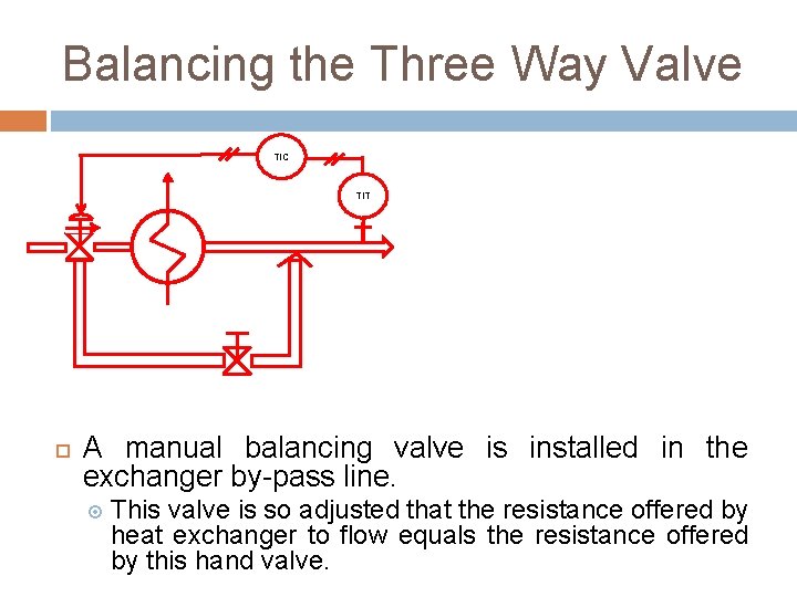 Balancing the Three Way Valve TIC TIT A manual balancing valve is installed in