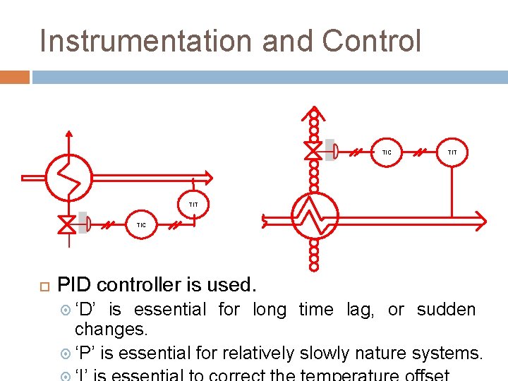 Instrumentation and Control TIC TIT TIC PID controller is used. ‘D’ is essential for
