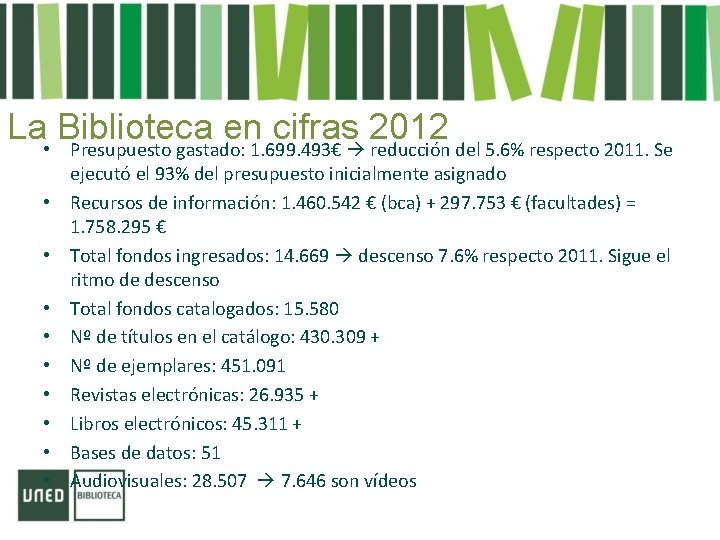 La • Biblioteca en cifras 2012 Presupuesto gastado: 1. 699. 493€ reducción del 5.