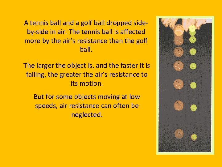 A tennis ball and a golf ball dropped sideby-side in air. The tennis ball