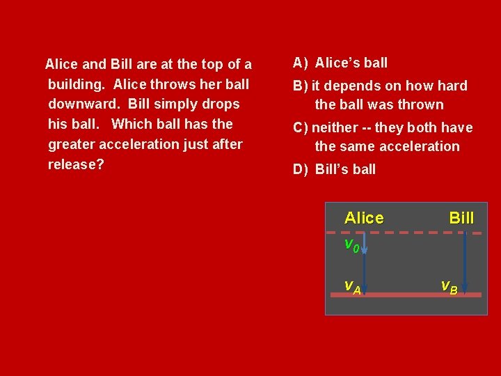 Alice and Bill are at the top of a building. Alice throws her ball