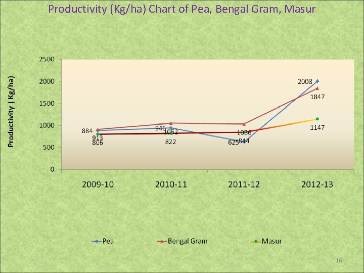 Productivity (Kg/ha) Chart of Pea, Bengal Gram, Masur 16 